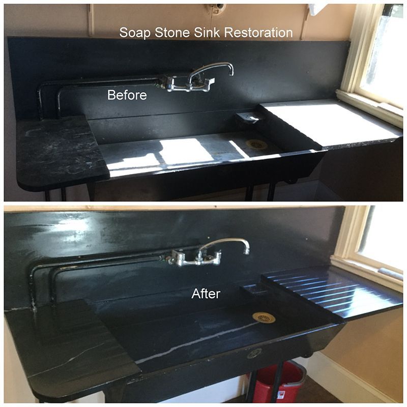Before and after of a restored black soapstone sink. The 