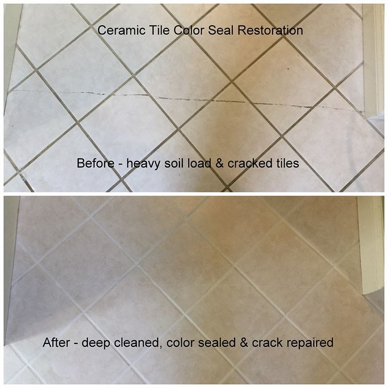 Before and after comparison of ceramic tile floor restoration: dirty tiles with cracks, then cleaned, sealed, and repaired.