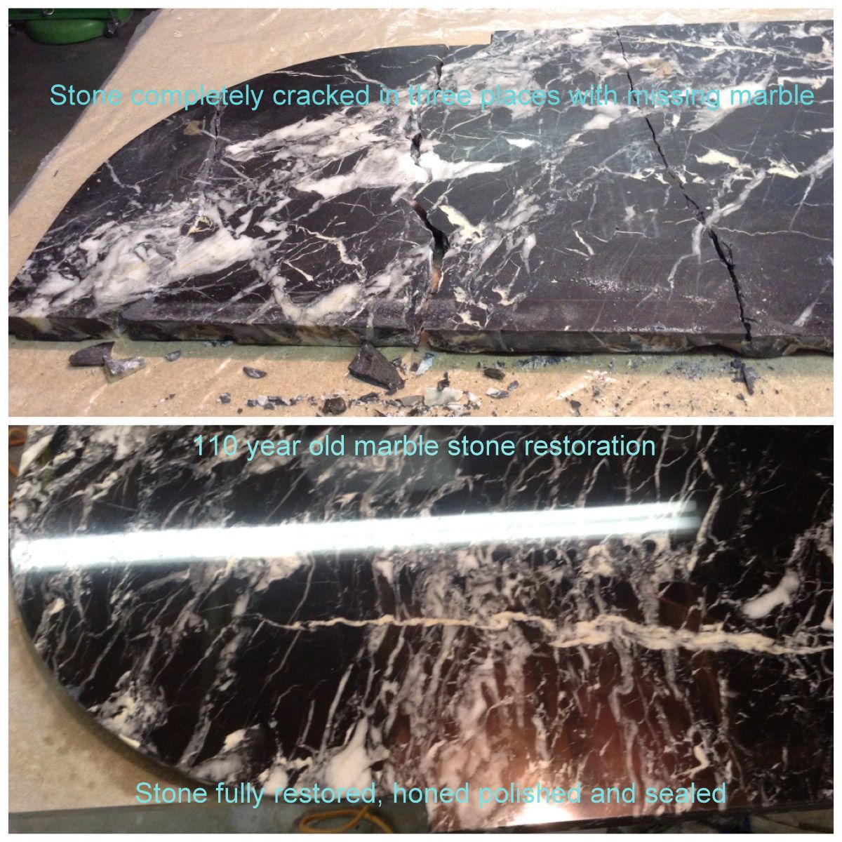 Marble stone restoration before and after. Top: Cracked black and white marble. Bottom: Fully restored, glossy marble.