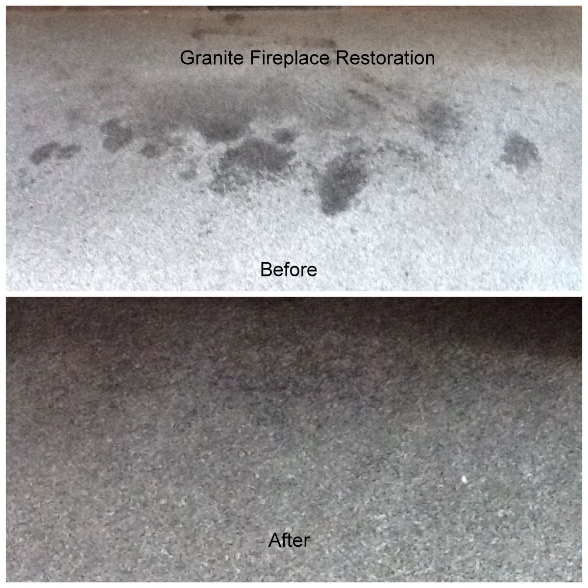 Granite fireplace restoration before and after. Top shows stained granite, bottom shows cleaned and even-toned surface.
