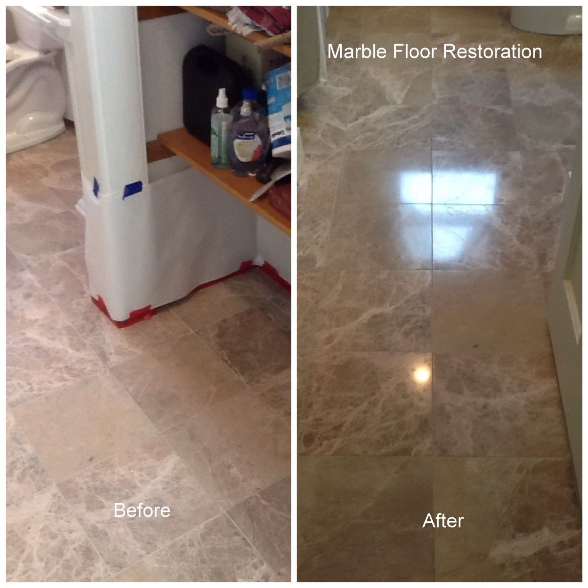 Before and after comparison: dull marble floor versus restored, polished marble floor. The 