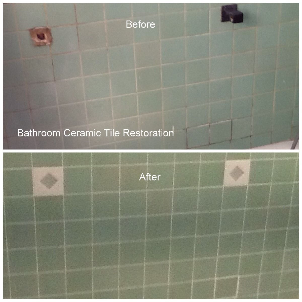 Bathroom tile restoration before and after. Green tile is cleaned and re-grouted. The damaged drain cover is repaired or replaced.