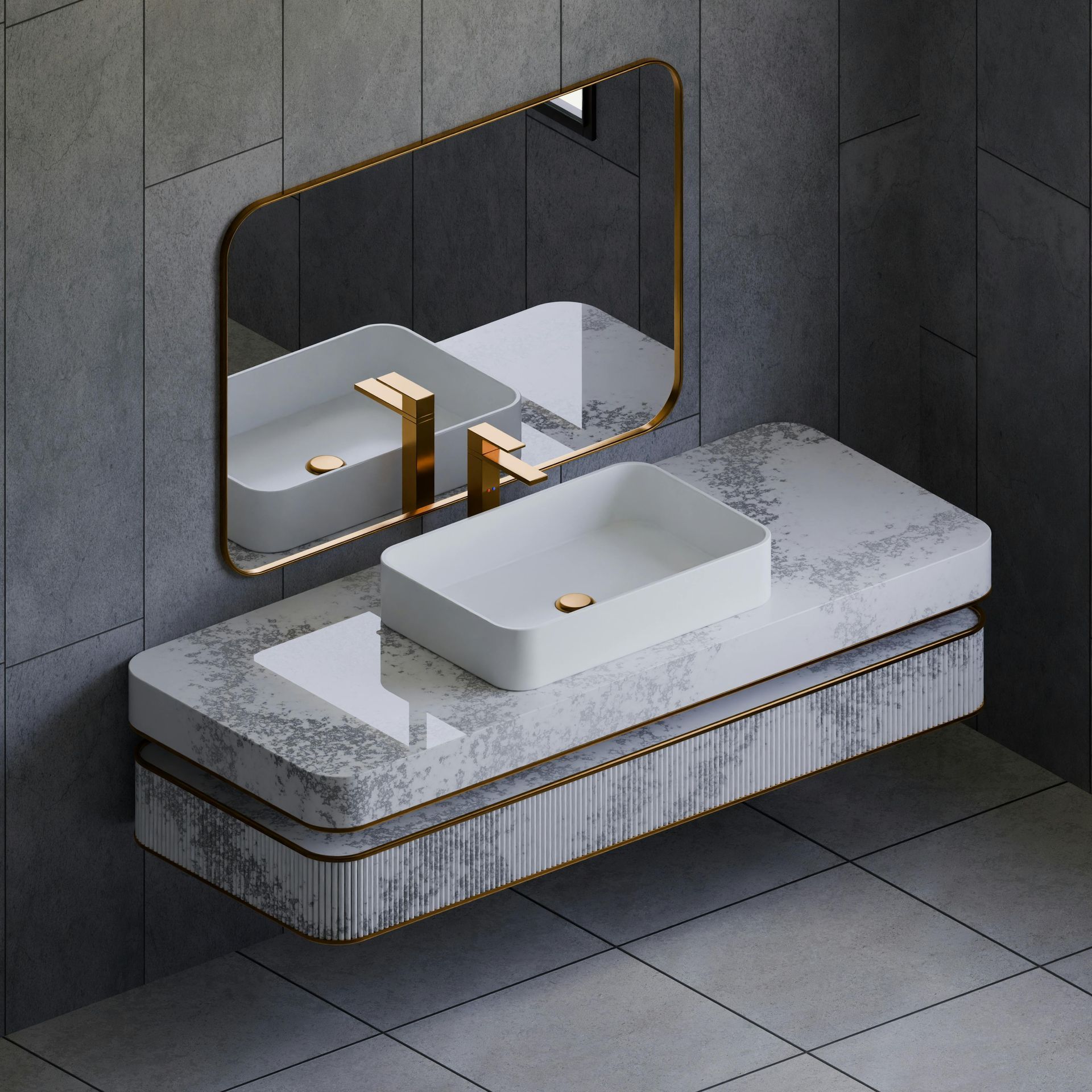 A modern bathroom vanity with a white sink, gold fixtures, and a matching mirror. The countertop and cabinet have a marble effect.
