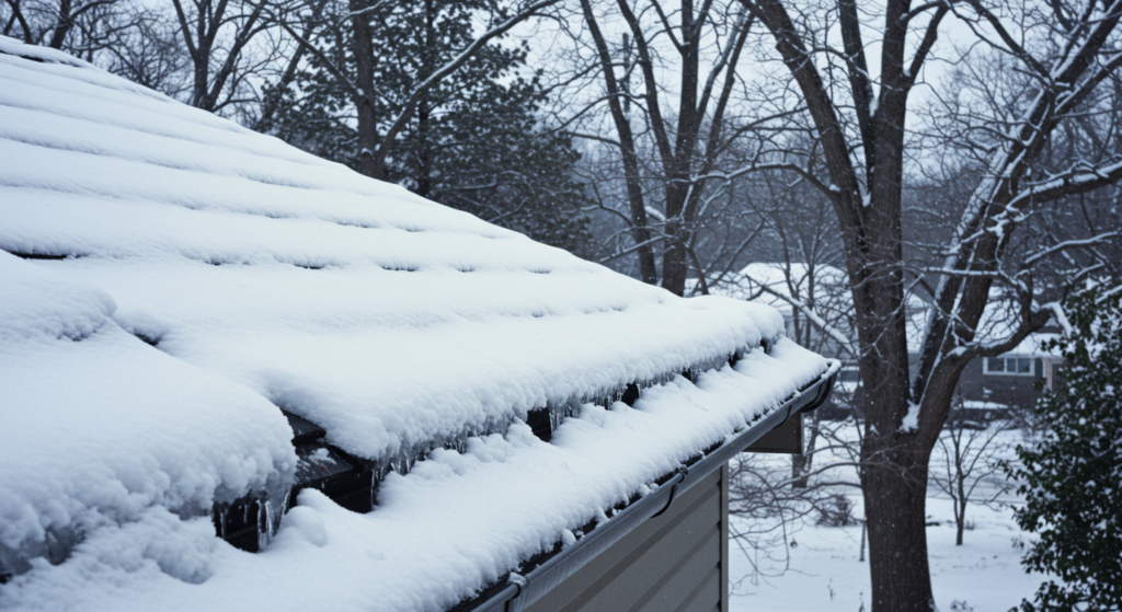 A snow-covered roof with a full gutter system against a backdrop of bare winter trees.