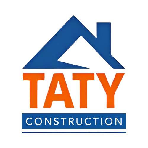 A blue and orange logo for taty construction