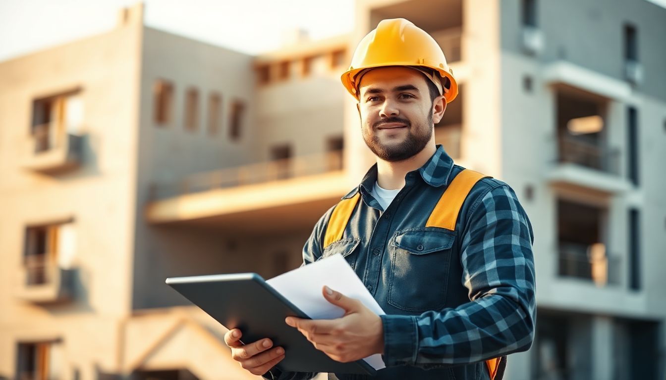 Construction worker smiling, holding tablet and blueprints at a building site.