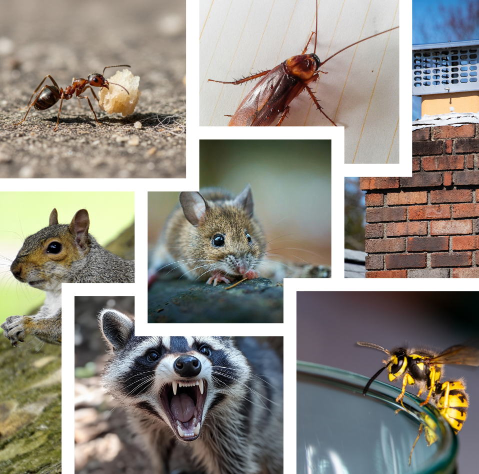Collage of pests: ant carrying food, cockroach, mouse, squirrel, raccoon, wasp on glass, and brick building.
