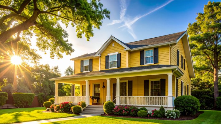 Yellow two-story house with porch, black shutters, surrounded by trees, lawn, and sunlight.