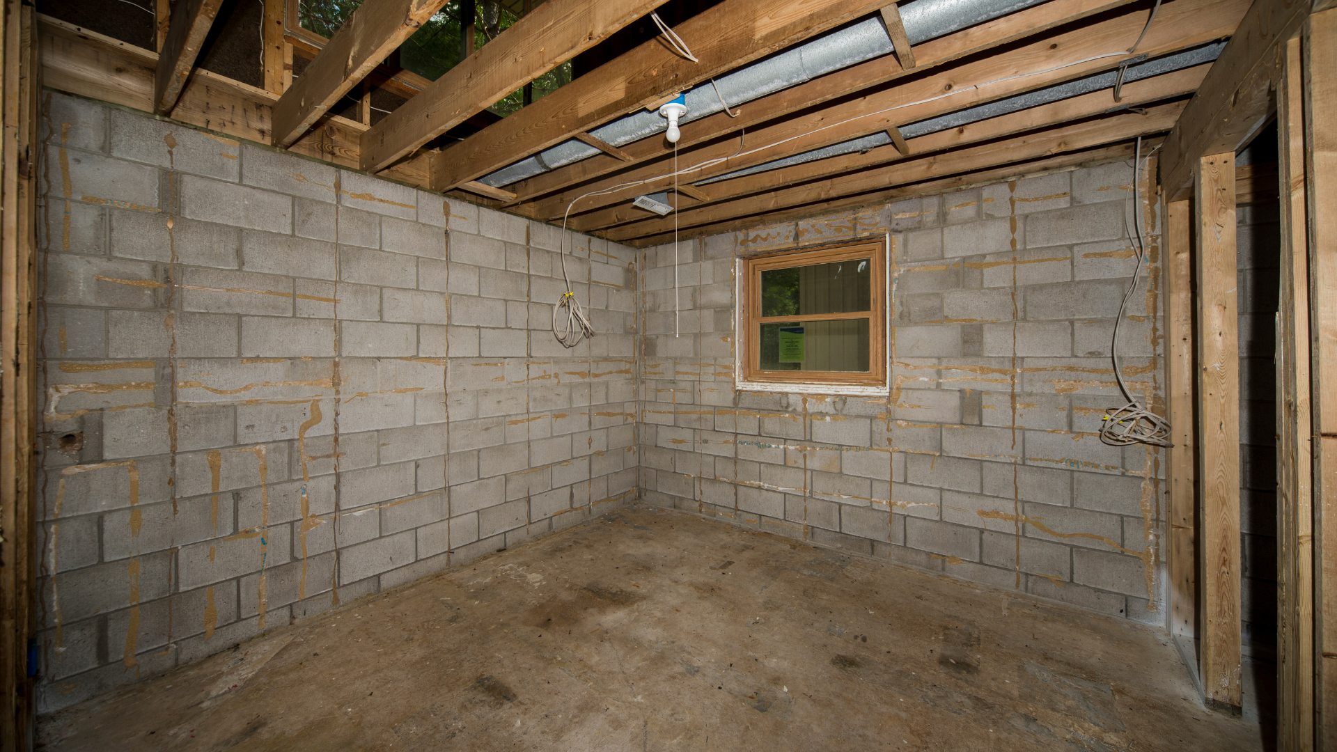 A concrete block room with a small window, wooden beams, and a concrete floor.