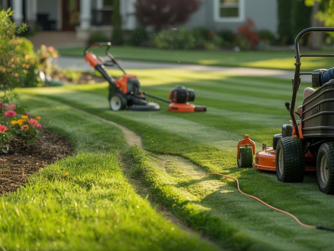 Two orange lawnmowers mowing a green lawn in front of a house on a sunny day.