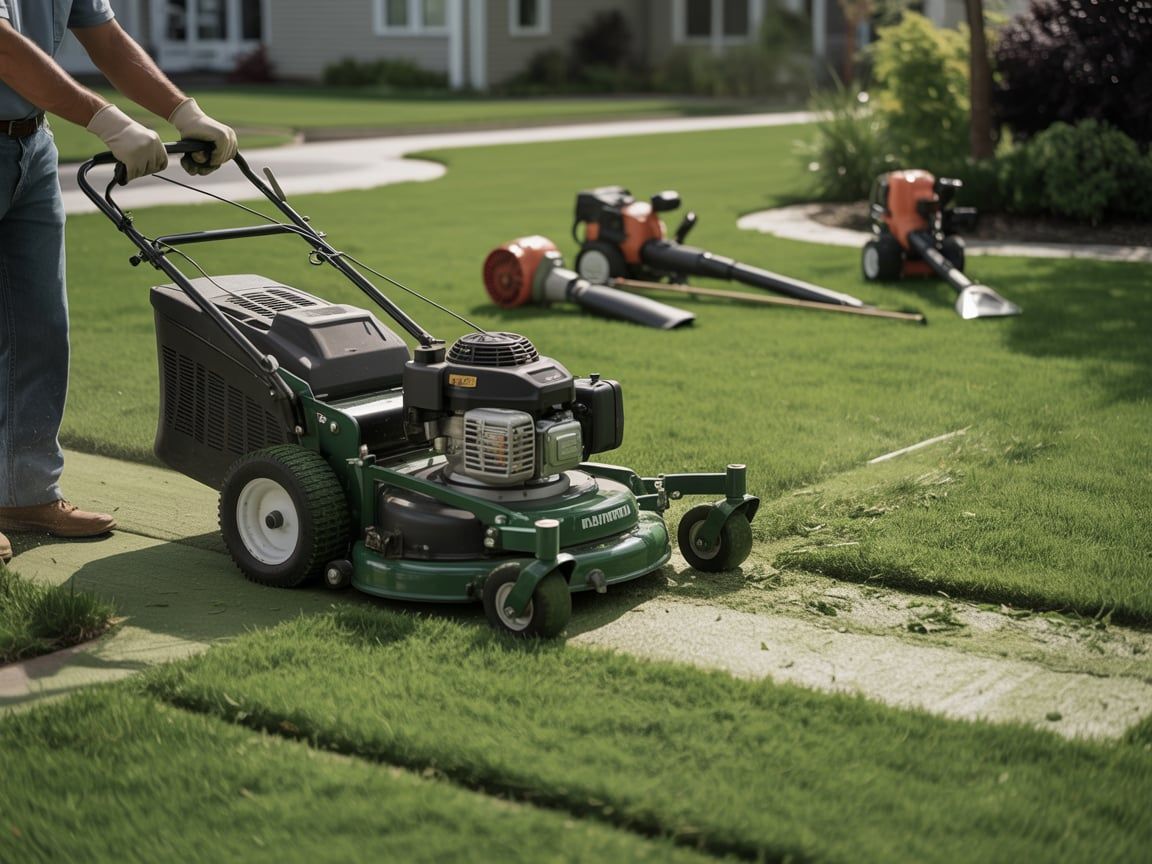 Person mowing a lawn with a green lawnmower; other yard tools on the grass.