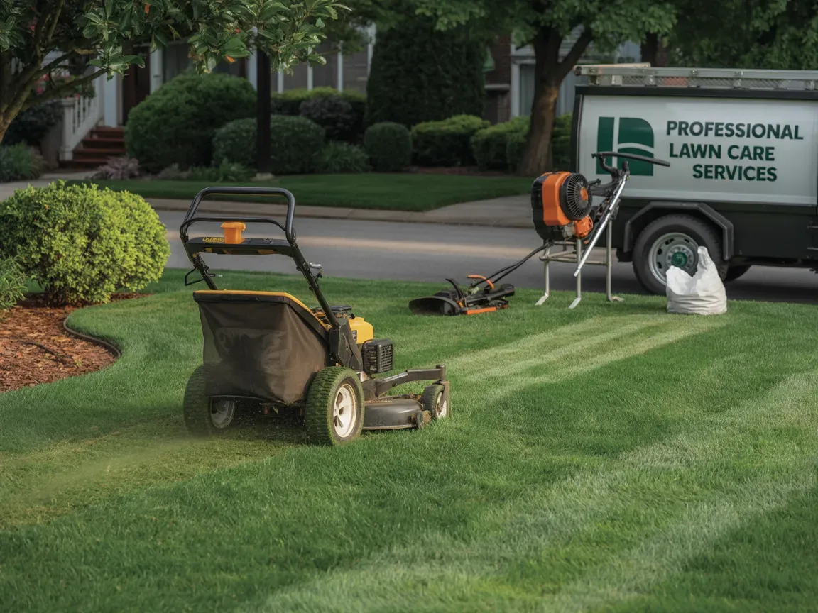 Lawn care equipment on a green lawn with a professional services truck in the background, cutting grass.