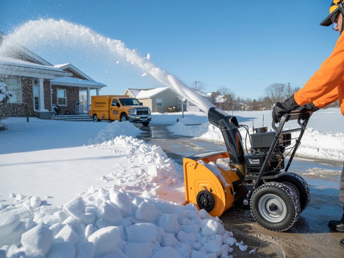 A person using a yellow snowblower to clear snow from a driveway on a sunny day.