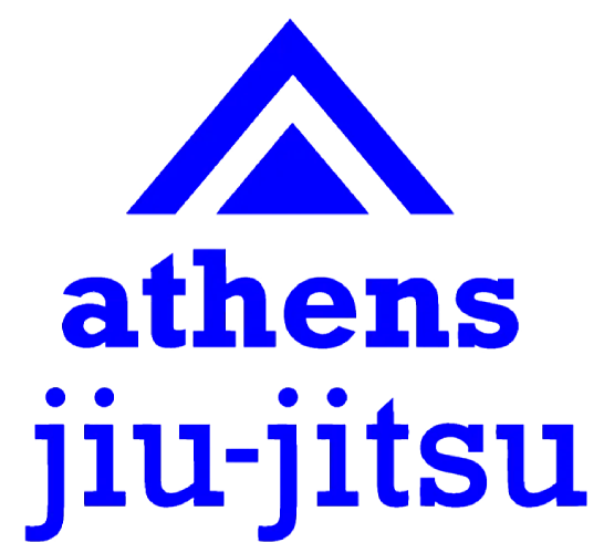 Blue logo for Athens Jiu-Jitsu. A blue triangle tops blue text, "athens jiu-jitsu."