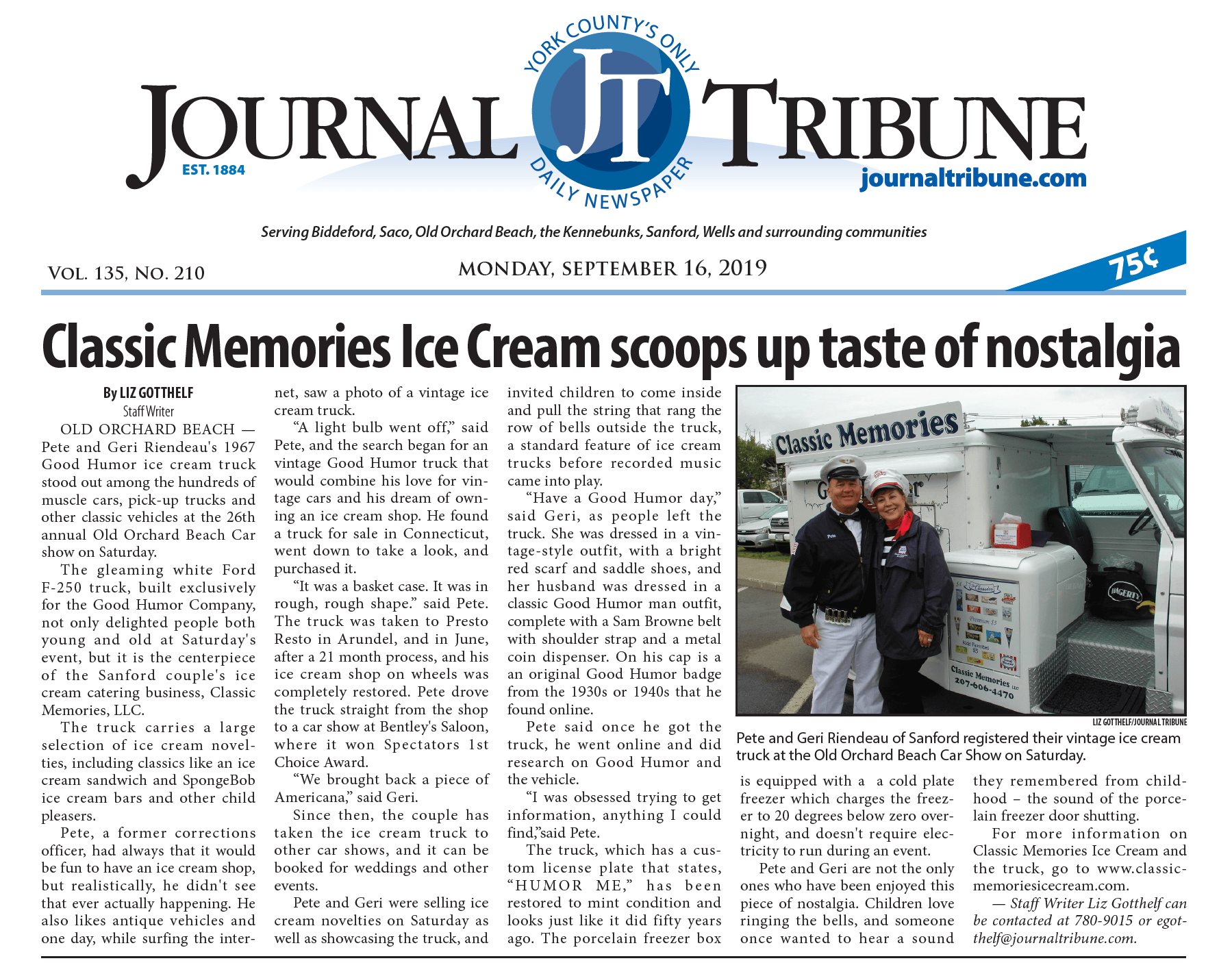 Classic Memories Ice Cream tribune feature article