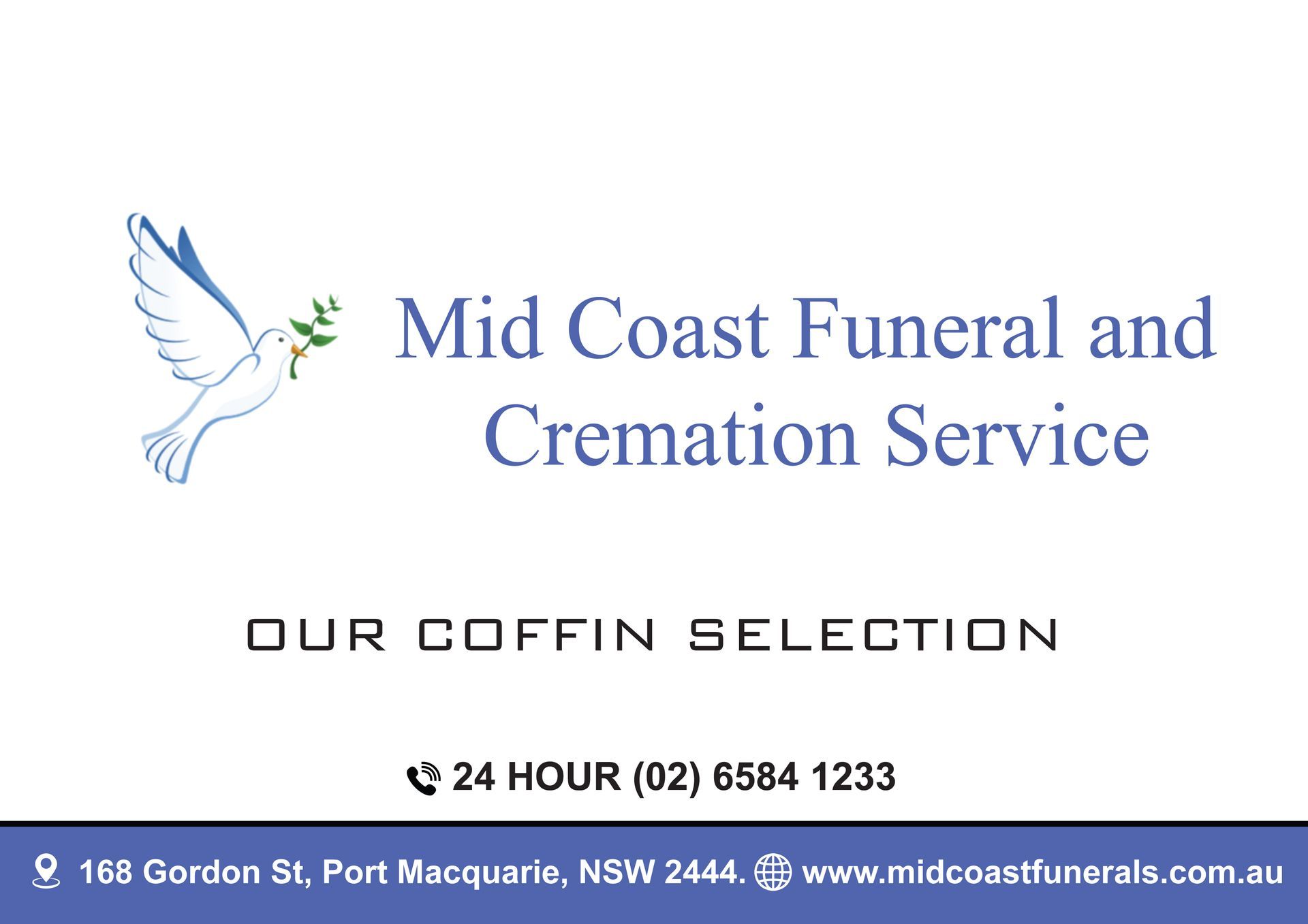 Mid Coast Funeral and Cremation Service logo, contact details, and address on a white and blue background — Mid Coast Funeral and Cremation Service In Port Macquarie, NSW