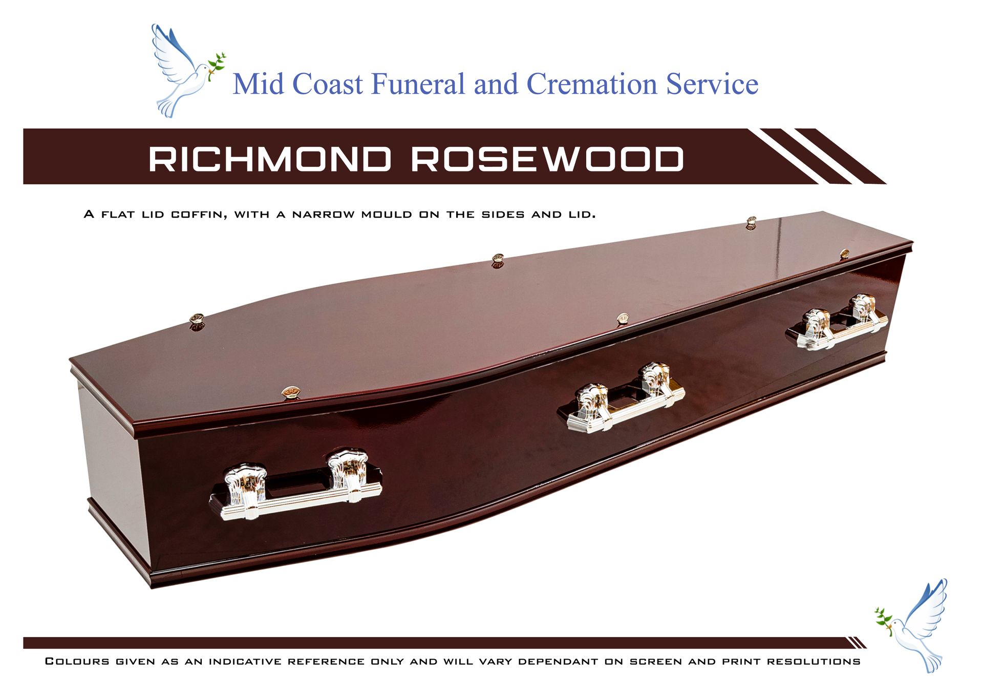Richmond Rosewood coffin by Mid Coast Funeral and Cremation Service with a flat lid, glossy finish, and silver handles — Mid Coast Funeral and Cremation Service In Port Macquarie, NSW