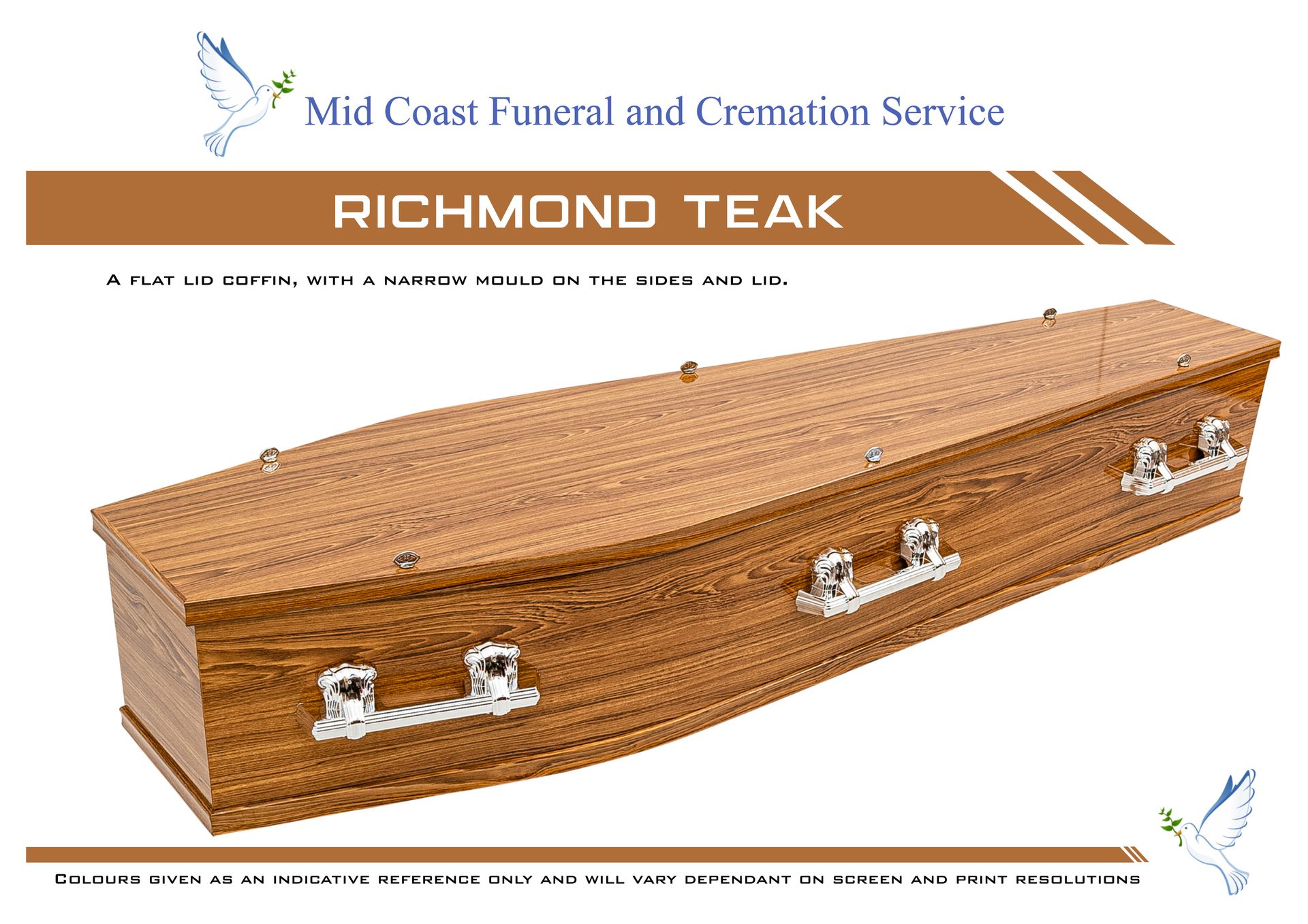 Richmond Teak wooden casket with silver handles, presented by Mid Coast Funeral and Cremation Service — Mid Coast Funeral and Cremation Service In Port Macquarie, NSW