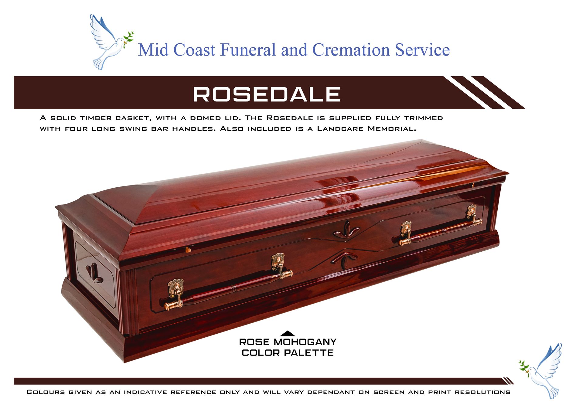 A glossy mahogany casket from Mid Coast Funeral and Cremation Service with gold-tone hardware — Mid Coast Funeral and Cremation Service In Port Macquarie, NSW