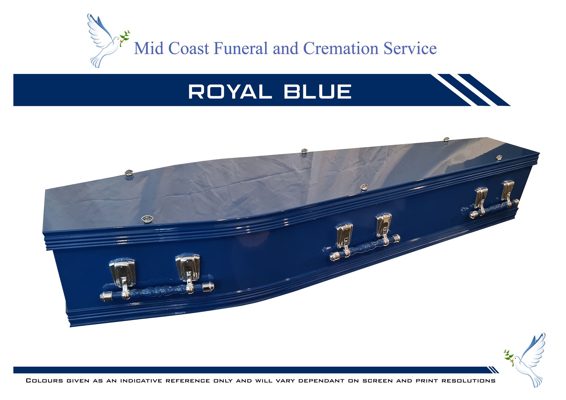 A high-gloss, royal blue casket with silver-colored handles, presented as part of a funeral service catalog — Mid Coast Funeral and Cremation Service In Port Macquarie, NSW