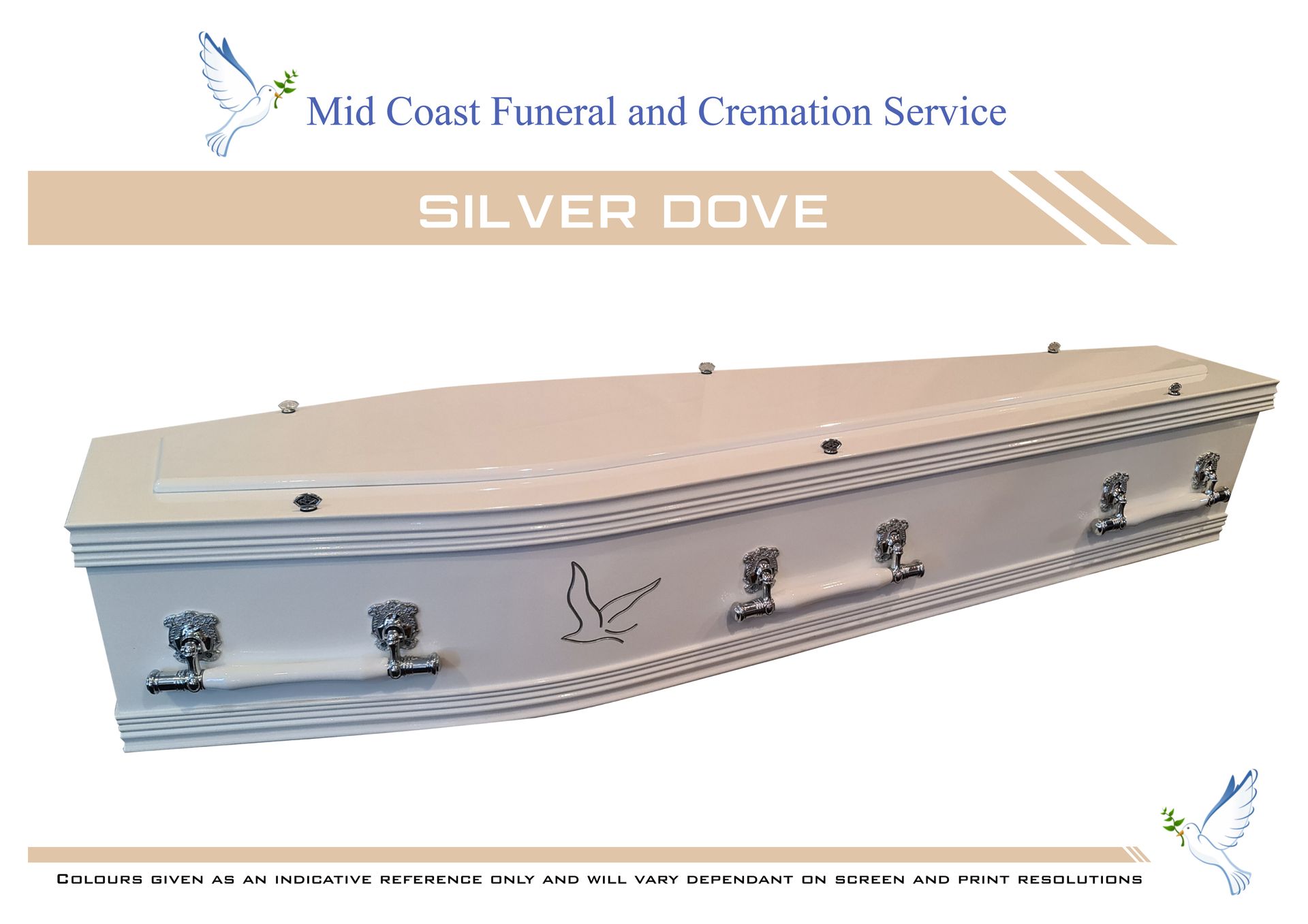 White coffin with silver handles and a dove emblem, branded 