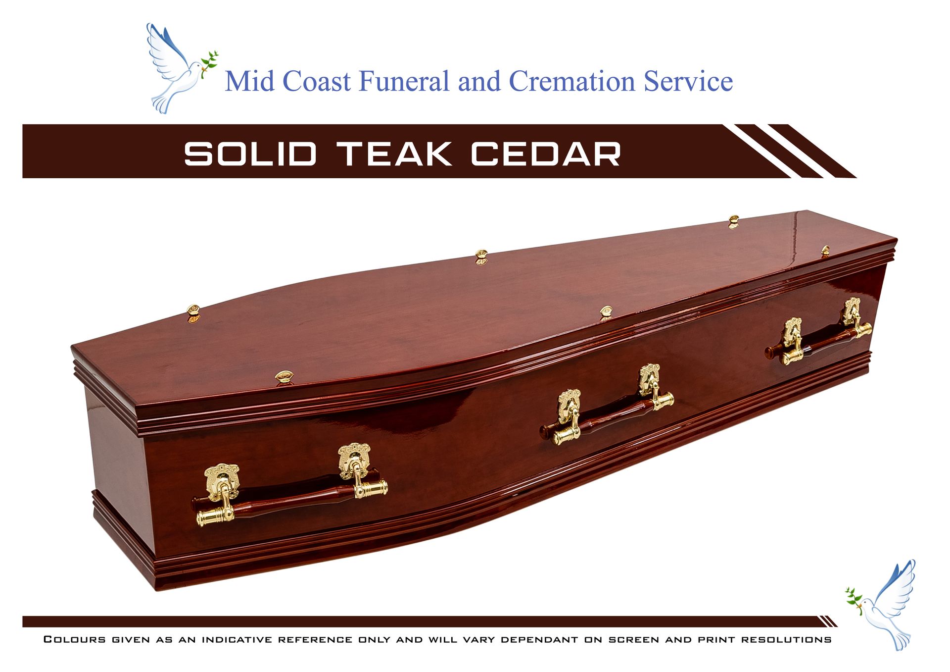 A polished, dark-wood solid teak cedar casket with gold hardware, displayed by Mid Coast Funeral and Cremation Service — Mid Coast Funeral and Cremation Service In Port Macquarie, NSW