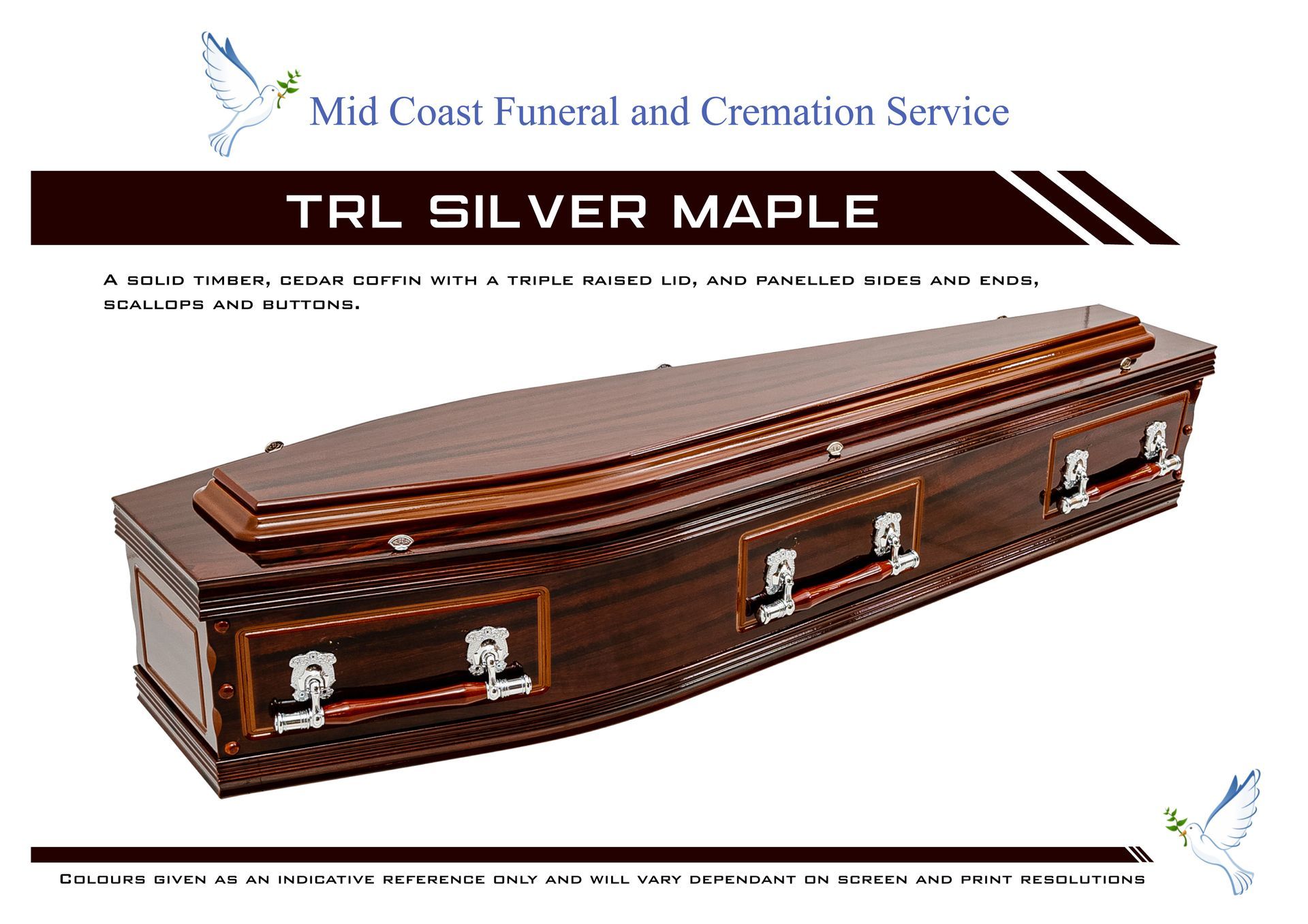 A dark wood casket featuring silver handles and trim from Mid Coast Funeral and Cremation Service, titled TRL Silver Maple — Mid Coast Funeral and Cremation Service In Port Macquarie, NSW