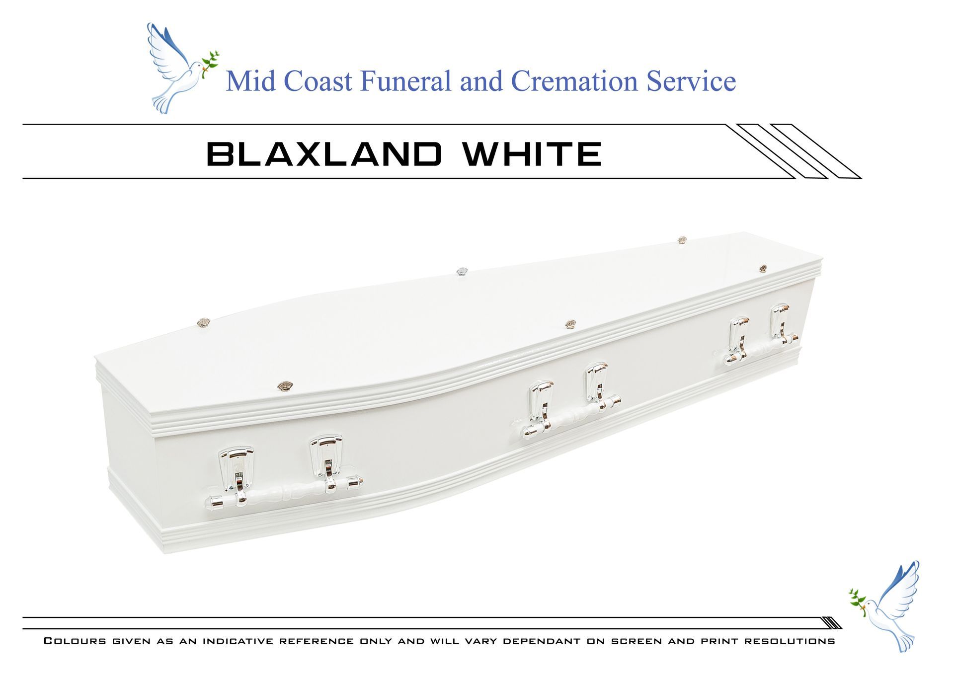 A white Blaxland casket from Mid Coast Funeral and Cremation Service with silver handles and decorative trim — Mid Coast Funeral and Cremation Service In Port Macquarie, NSW