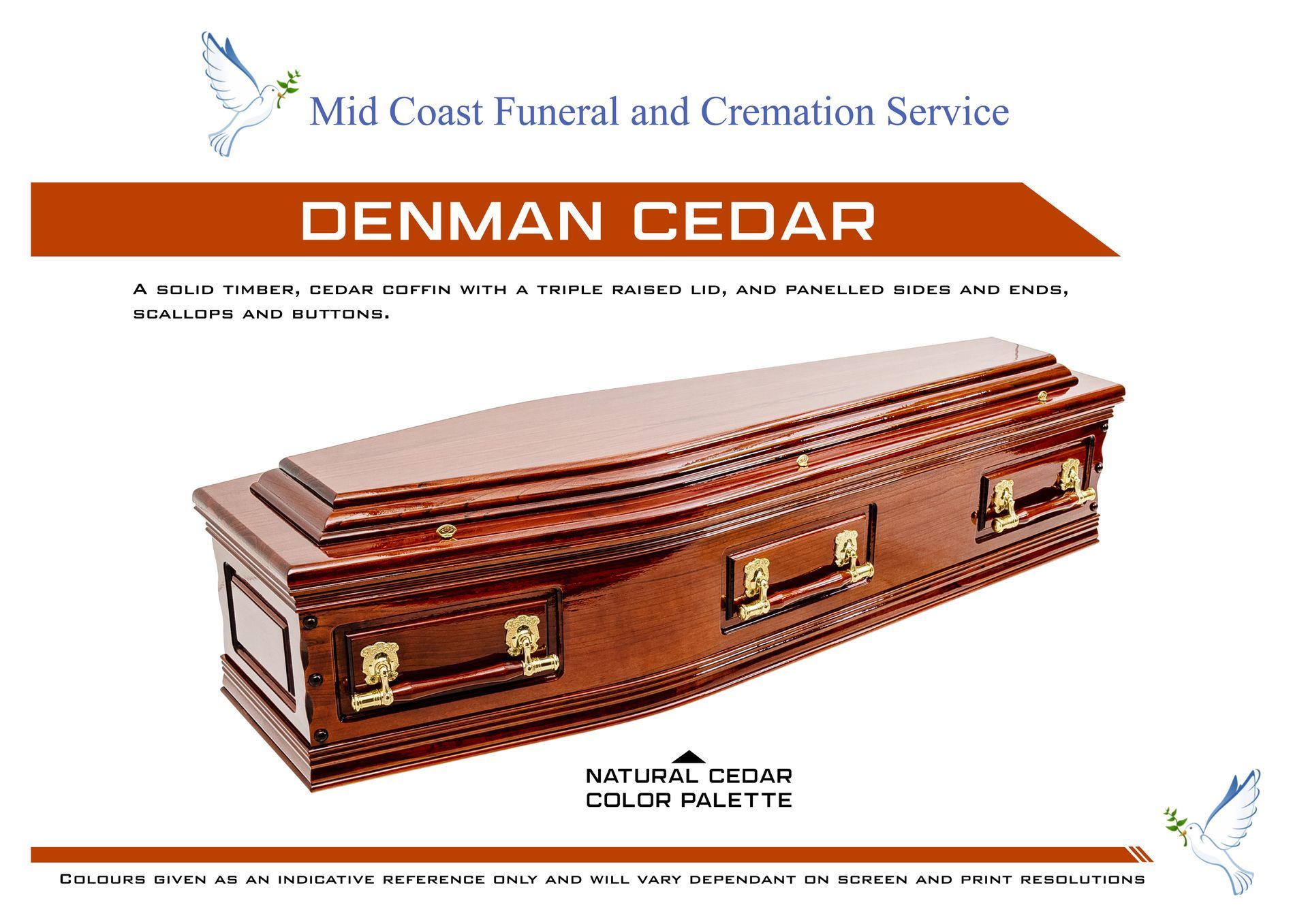 A Denman Cedar wooden casket with gold handles, presented by Mid Coast Funeral and Cremation Service — Mid Coast Funeral and Cremation Service In Port Macquarie, NSW