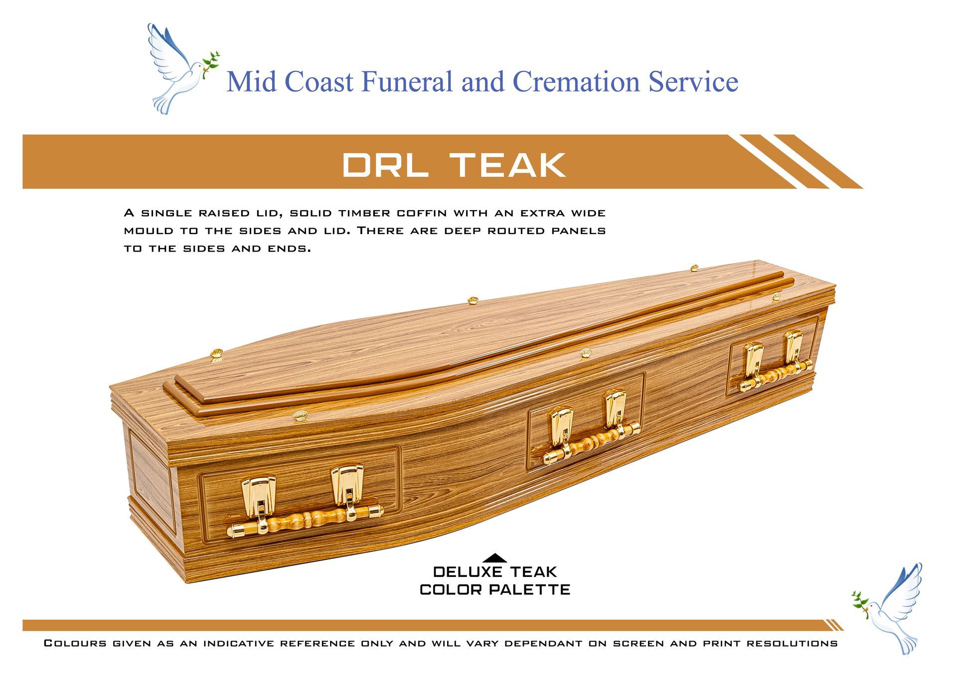 A Mid Coast Funeral and Cremation Service promotional image for an Orl Teak coffin with gold-tone handles — Mid Coast Funeral and Cremation Service In Port Macquarie, NSW
