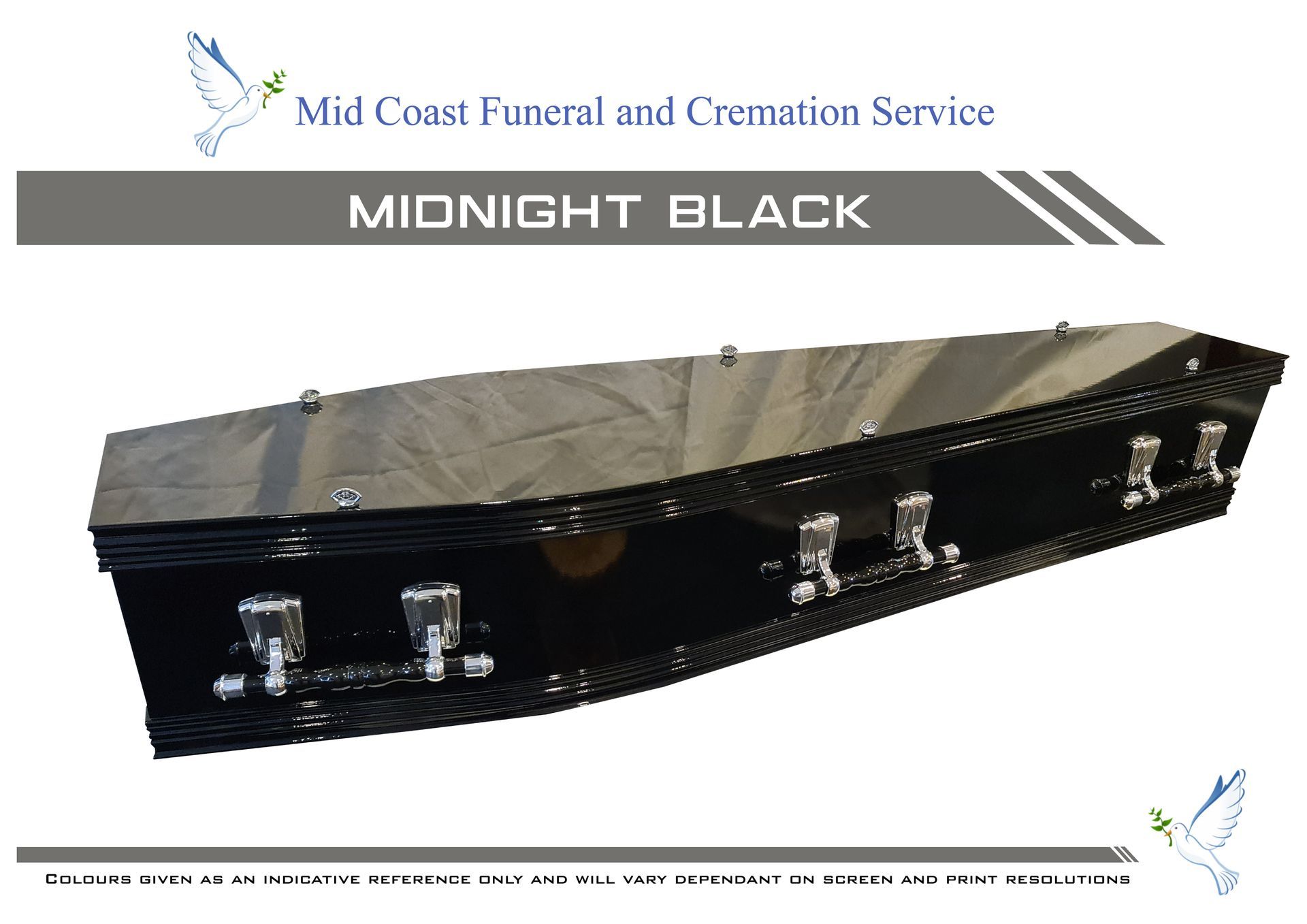 A shiny black coffin with silver handles, presented against a white background by Mid Coast Funeral and Cremation Service — Mid Coast Funeral and Cremation Service In Port Macquarie, NSW
