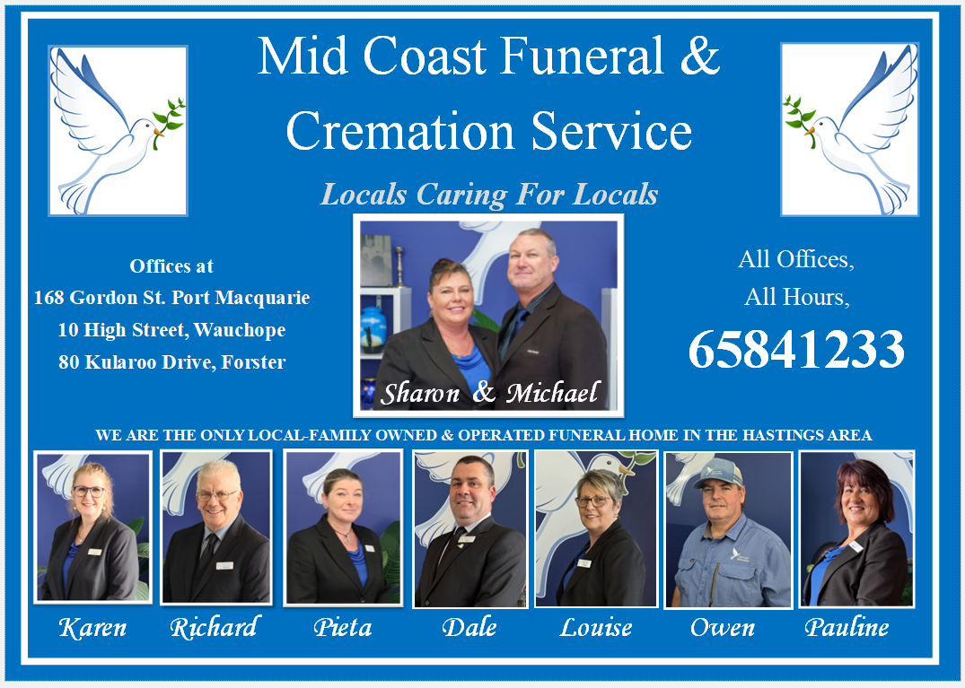 Mid Coast Funeral & Cremation Service staff contact information on a blue background with dove icons and phone number — Mid Coast Funeral and Cremation Service In Port Macquarie, NSW