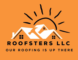 Logo for Roofsters LLC featuring houses, a hammer, sun, and text on an orange background.