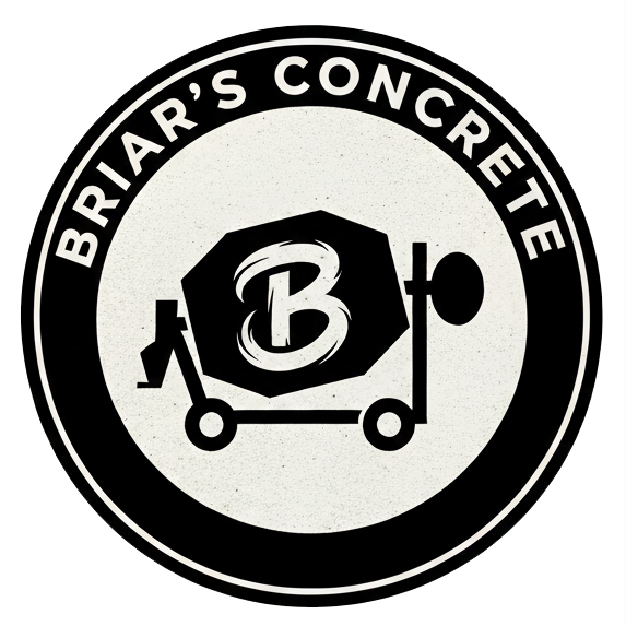 Logo for Briar's Concrete: a black and white circular design with a concrete mixer and the company name.