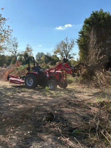 Red tractor clearing brush in a field under a blue sky.