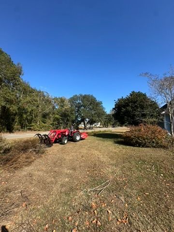 Red tractor clearing brush in a grassy yard on a sunny day.