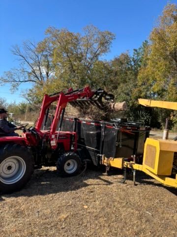 Red tractor with a front loader, dumping material into a yellow wood chipper, outdoors.