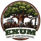 Logo: Tree with tractor, excavator, and worker in front. "EXUM Tree & Land Solutions".