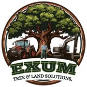 Logo: Tree with tractor, excavator, and worker in front. "EXUM Tree & Land Solutions".