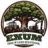 Logo: Tree with tractor, excavator, and worker in front. "EXUM Tree & Land Solutions".