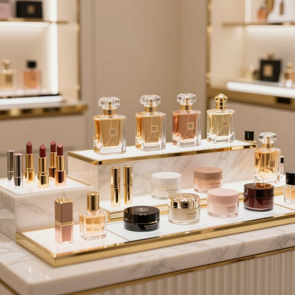 Cosmetics display in a well-lit store, featuring perfumes, lipsticks, and creams arranged on marble shelves with gold trim.