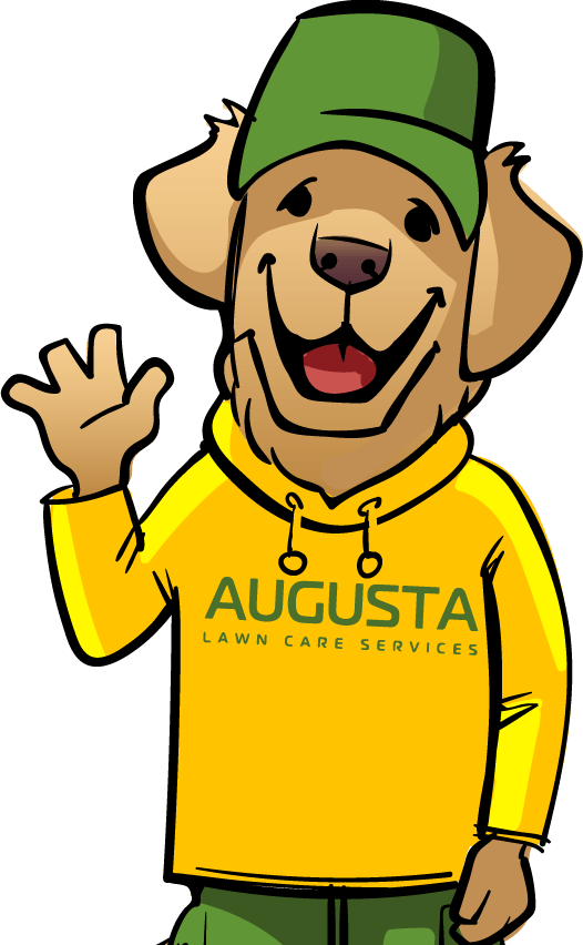 A cartoon dog wearing a yellow augusta lawn care services hoodie