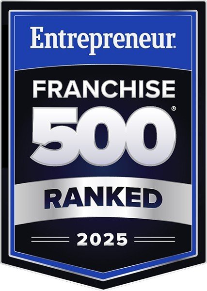 Entrepreneur Franchise 500 ranked award for 2025. Features a blue, silver, and black shield with the 
