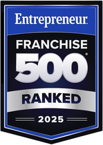 Entrepreneur Franchise 500 ranked award for 2025. Features a blue, silver, and black shield with the 