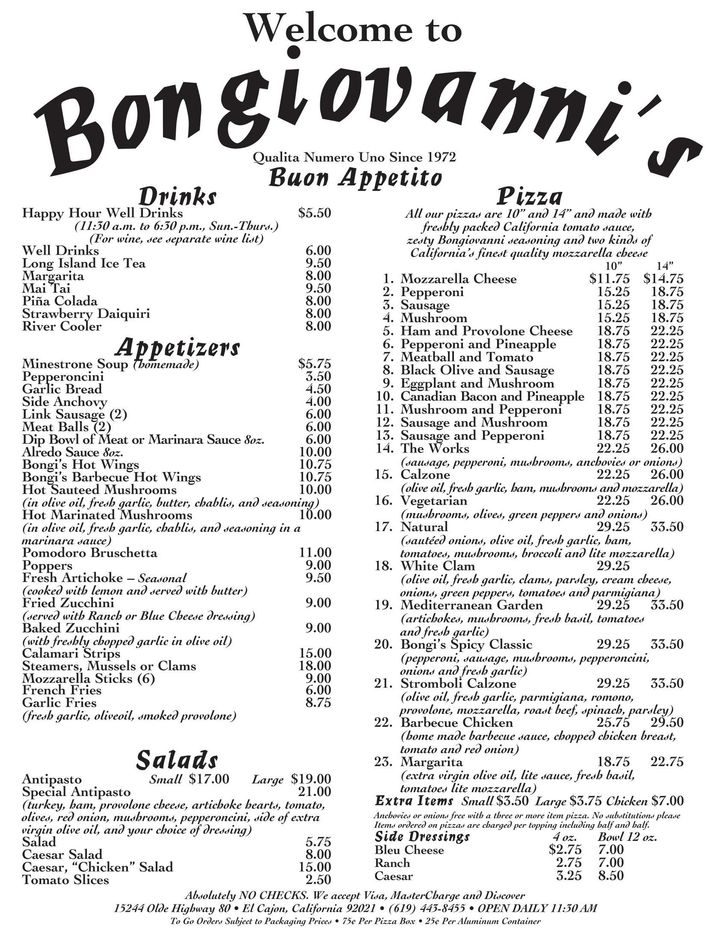 Bongiovanni's Menu Page 1 — Bongiovanni's Italian Restaurant — El Cajon, CA