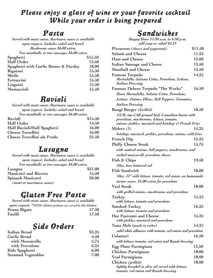 Bongiovanni's Menu Page 3 — Bongiovanni's Italian Restaurant — El Cajon, CA