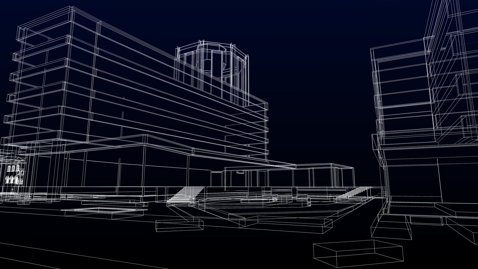 A wireframe design of modern buildings on a dark blue background. A wireframe design of modern buildings on a dark blue background.