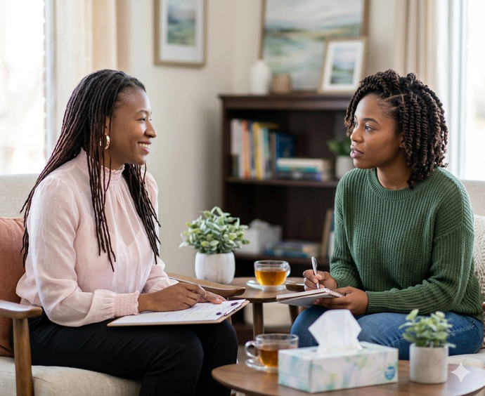 Latosha counseling a woman in her office in Austin, Texas. Next Act Therapy, Austin, Texas.