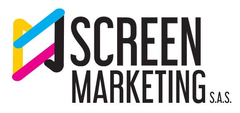 nombre marca Logotipo para Screen Marketing SAS Presenta un gráfico con formas amarillas, rosas y azules junto a texto negro.