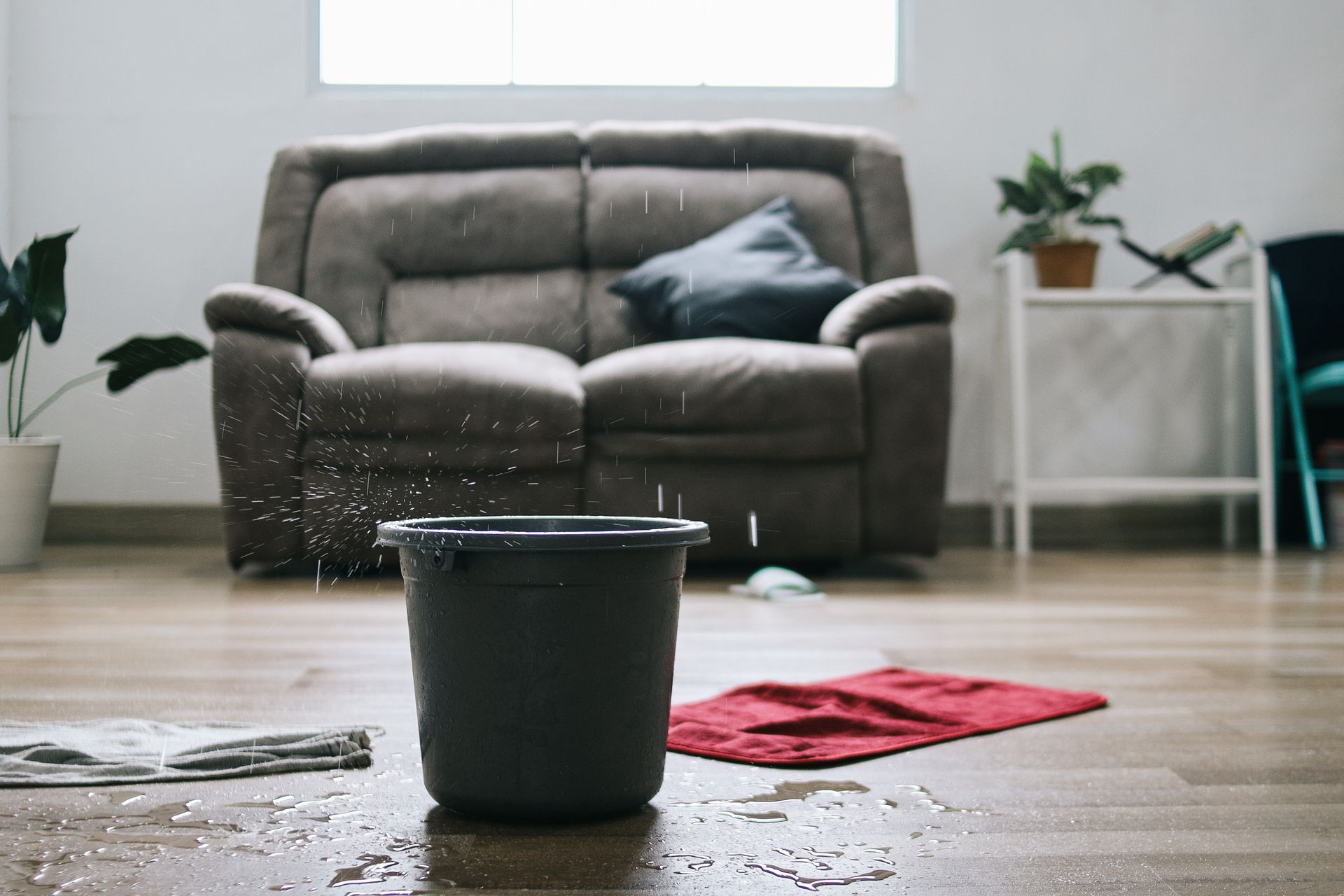 Bucket catching water leaking from ceiling in a living room; brown couch, wooden floor.